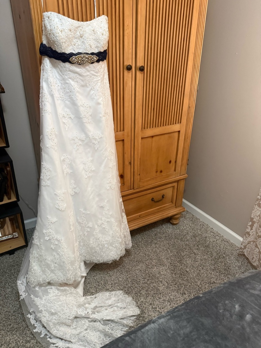 Strapless Lace Wedding Gown with Navy Embellished Belt by Da Vinci size 16